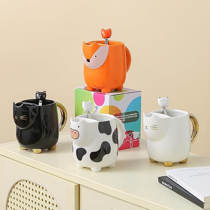 Yuwu 17oz Cow Mug with Built-in Tea Bag Holder and Spoon – Cute Glossy Ceramic Animal Cup for Milk Tea, Coffee, Kids, Girls – Farm Gift for Birthday, Christmas (whit)