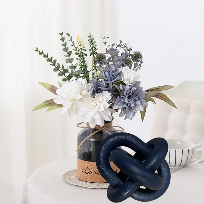 Wood Knot Chain Link Decor - 3 Link Boho Wooden Hand Carved Decorative Wooden Links Knots for Coffee Table Entryway Modern Farmhouse Shelf Decoration (Navy Blue)