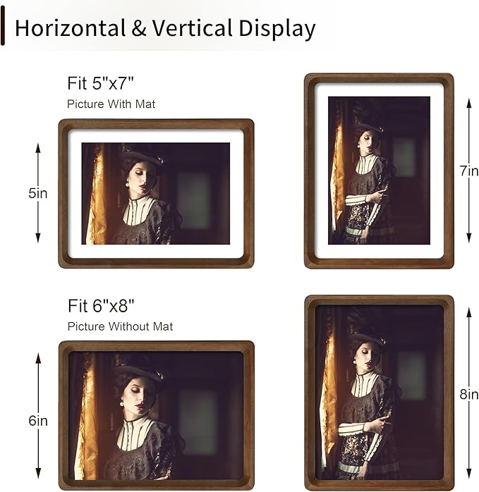 6x8 Picture Frame Natural Walnut Wood with Mat for 5x7, Original Natural Solid Wood 6 by 8 Photo Frames with Tempered Glass Cover for Wall and Tabletop Display