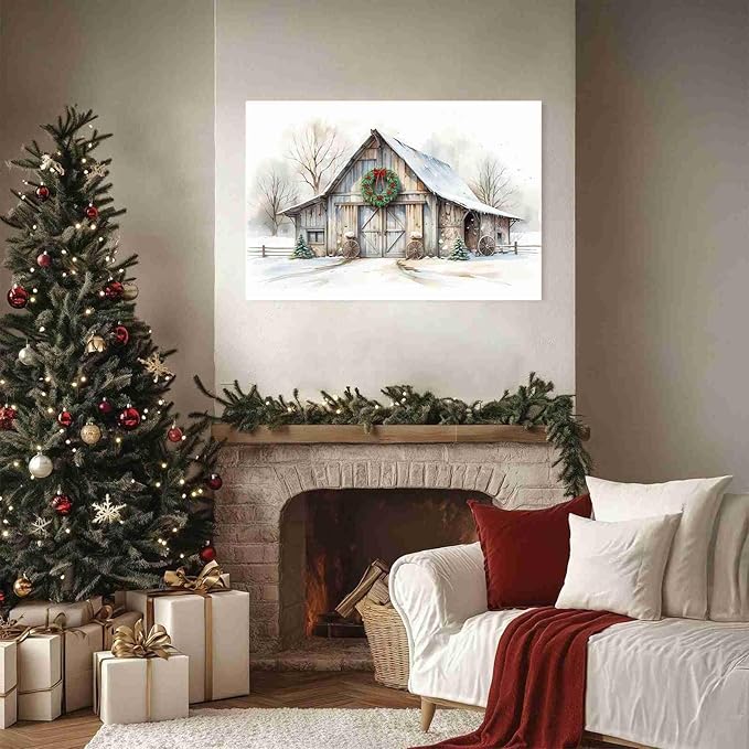 Rustic Landscape Wall Decor Barn Winter Cottage Wall Art Holiday Landscape Painting Rustic Winter Print Christmas Gingerbread Poster Indoor Decor for Home Living Room Bedroom Cabin Christmas Holiday