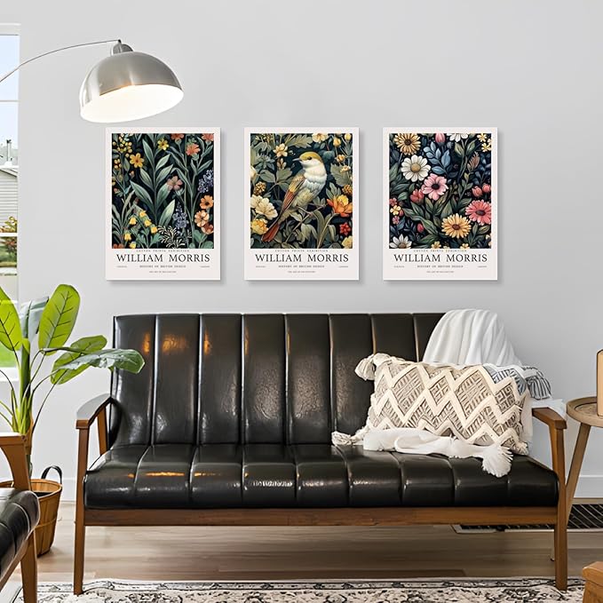 Hianan William Morris Floral Canvas Wall Art, Vintage Botanical Poster Prints, Bright Flower Bird Aesthetic Pictures, William Morris Animal Wall Decor for Living Room Bedroom Framed 16"x24"x3