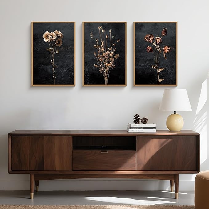 Large Moody Dark Floral Framed Canvas Wall Art,Vintage Dried Flowers Wall Decor,Modern Retro Wildflowers Artwork,Mid Century Boho Botanical Art Print for Living Room,Bedroom,Office-16 x24 x3