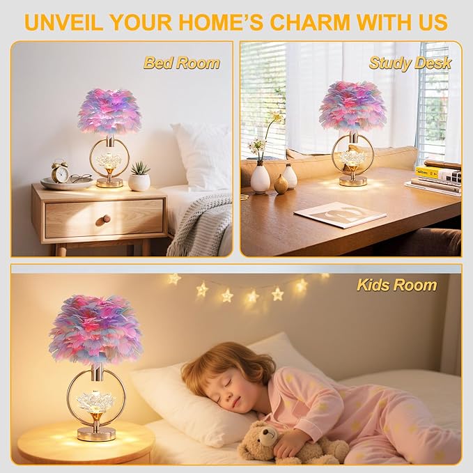 Colorful Feather Lamp 17IN Unique Fluffy Table Lamp Crystal Feather Bedside Nightstand Lamp Nordic Desk Light for Girl Bedroom Wedding Christmas Gift Deco Living Room Entry Office