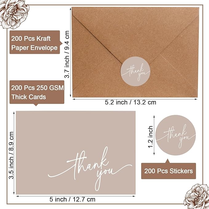 Gueevin 200 Pcs Thank You Cards with Kraft Envelopes and Stickers Bulk, 3.5 x 5 Inch Classy Blank Thank You Notes for Wedding, Business, Graduation, Baby Shower, Bridal Shower, Funeral (Khaki)