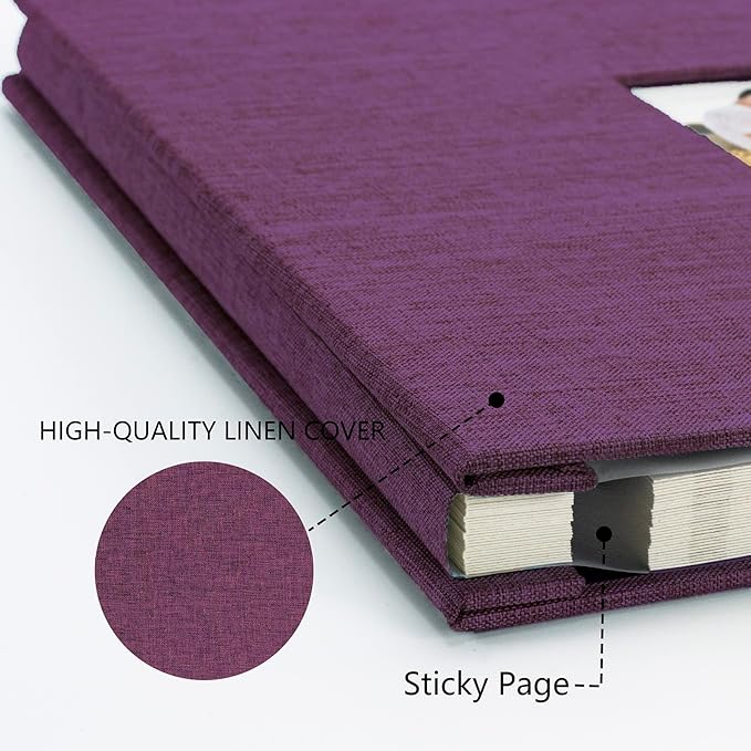 Photo Album Self Adhesive Pages for 4x6 5x7 8x10 Pictures Magnetic Scrapbook Photo Albums with Sticky Pages Books with A Metallic Pen for Baby Wedding Family 11x10.6 Purple 60 Pages
