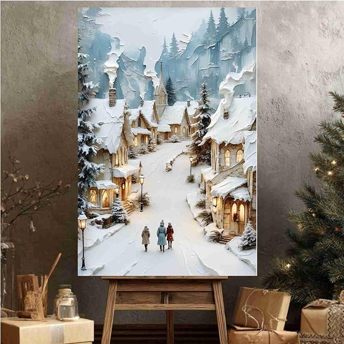 Christmas Winter Painting Snowy Village Street Festive Landscape Print Holiday Church Wall Decor Winter Cottagecore Canvas Painting Indoor Decor for Living Room Bedroom Office Framed Ready to Hang