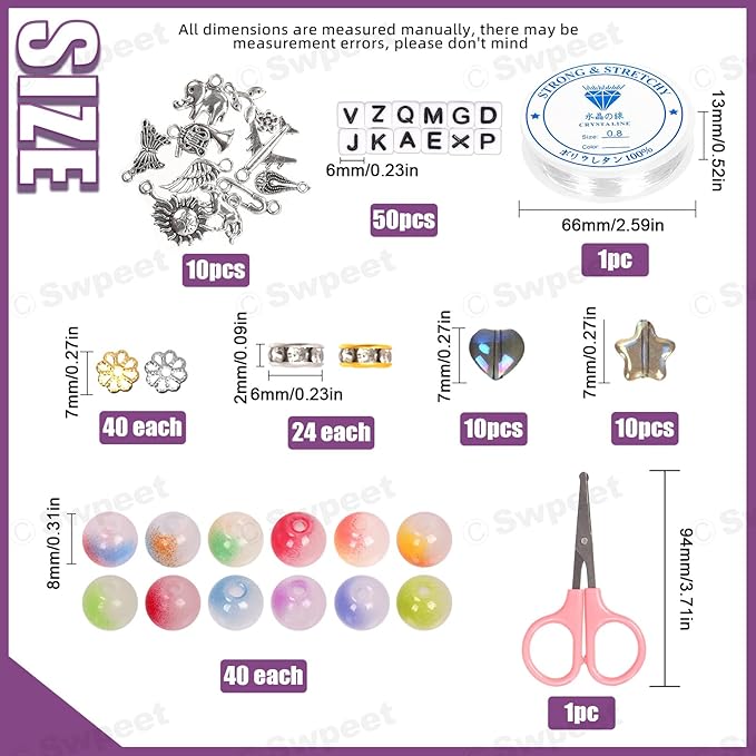 Swpeet 681Pcs 12 Colors 8mm Glass Jade Beads Bracelet Making Kit Includes Glass Beads, Pendants, Charms, Spacer Beads, Elastic Strings Scissors for DIY Beading Necklace Beginners Girls' Birthday Gift