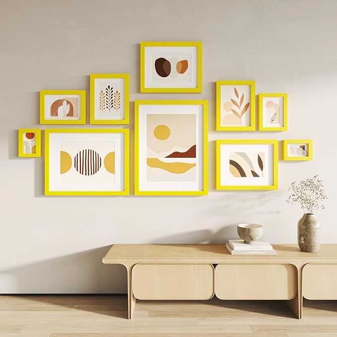KINLINK 6x8 Picture Frames Yellow, Solid Wood Frames with Acrylic Plexiglass for Pictures 4x6 with Mat or 6x8 without Mat, Tabletop and Wall Display Photo Frame, Set of 4