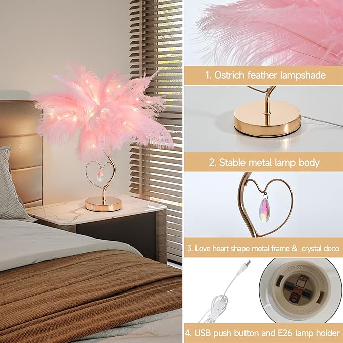 Pink Ostrich Feather Lamp Creative Furry Bedside Lamp Romantic Feather Table Lamp Fluffy Nightstand Light for Girl Bedroom Wedding Decor Valentines Dating Livingroom Hotel Office Christmas