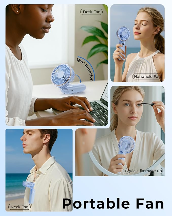Portable Handheld Fan, Portable Fan Rechargeable, 4000mAh, 180° Adjustable, 6 Speed Wind, Display Electricity in Real Time, USB Rechargeable Foldable Fan, Quiet Personal Fan as Power Bank