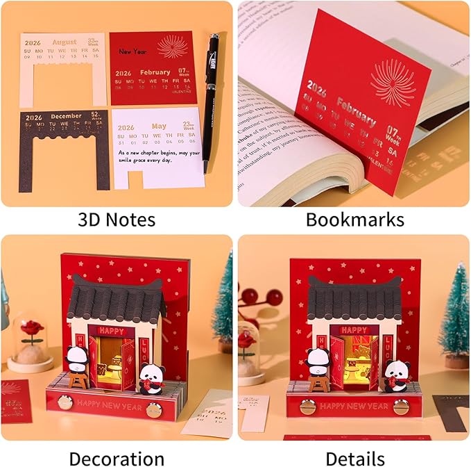 3D Time Piece Calendar 2026 3D Tear Away Art Memo Pad Notepad Desk Calendar with Light,3D Art Calendar Desktop Decoration Gift for Christmas (Happy New Year)
