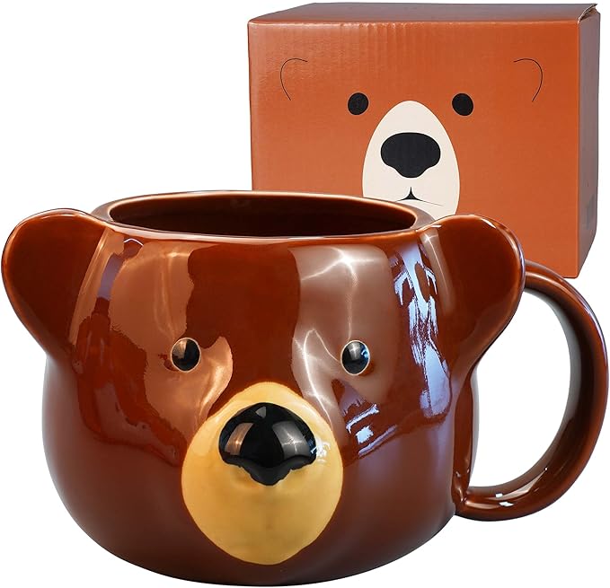 Bear Mug 14 oz Ceramic Coffee Mug 3D Porcelain Tea Cup for Women & Men - Kawaii Bear Gifts for Christmas, Housewarming, Birthday - Brown