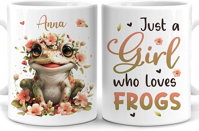 Hyturtle Personalized Cute Frog Coffee Mug - Gift For Frog Lover - Just A Girl Who Loves Frogs - Frog Gift For Women - Animal Lover Gift - Birthday - Custom Name Coffee Cup Ceramic Mug 11oz - 15oz