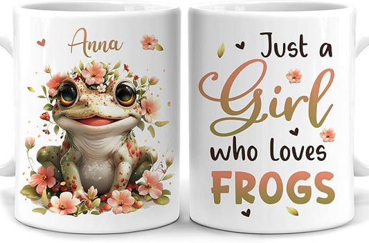 Hyturtle Personalized Cute Frog Coffee Mug - Gift For Frog Lover - Just A Girl Who Loves Frogs - Frog Gift For Women - Animal Lover Gift - Birthday - Custom Name Coffee Cup Ceramic Mug 11oz - 15oz