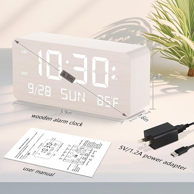 Wooden Digital Alarm Clock for Bedroom - Desk Clock with Date, Day of Week, Temperature, Dual Alarms, Dimmer, USB Port Charge, DST, Adjustable Volume for Living Room/Office Wood Decor (White)