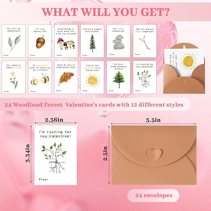 Tinlade 24 Pack Cute Valentines Mini Nature Pun Cards 6 x 8.5 cm with Envelopes for Kids Classroom Exchange Gifts Motivational Funny Woodland Tree Puns Cards 12 Styles Valentines Love Card for Student