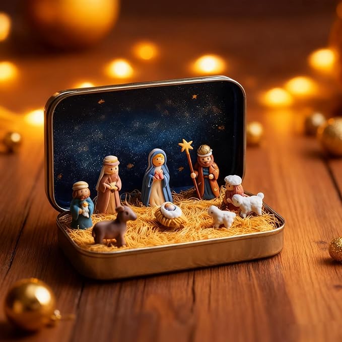 Mini Christmas Nativity Set in a Tin Box, Handcrafted Pocket Bethlehem Scene, Portable Holy Family Display, Small Religious Ornament, for Desk, Shelf, Office