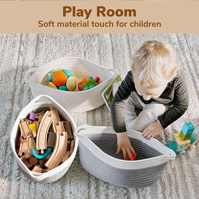 Woven Cotton Rope Storage Basket with Handle, Round Home Storage Basket for Home Organization and Gift Organizer, Home Organizer, Bedroom, Living Room, 12 x 8 x 5 Inch (Off White) - Image 4