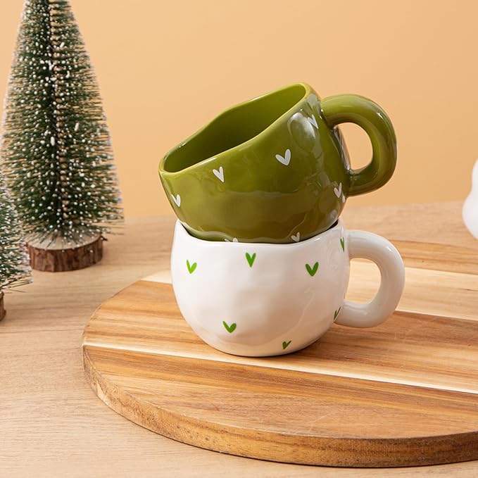4pcs Cute Ceramic Coffee Mug, 9.4OZ White Green Porcelain Tea Mugs, Ceramic Cup Sets for Matcha Lovers, Dishwasher & Microwave Safe, Christmas Gift(Matcha)