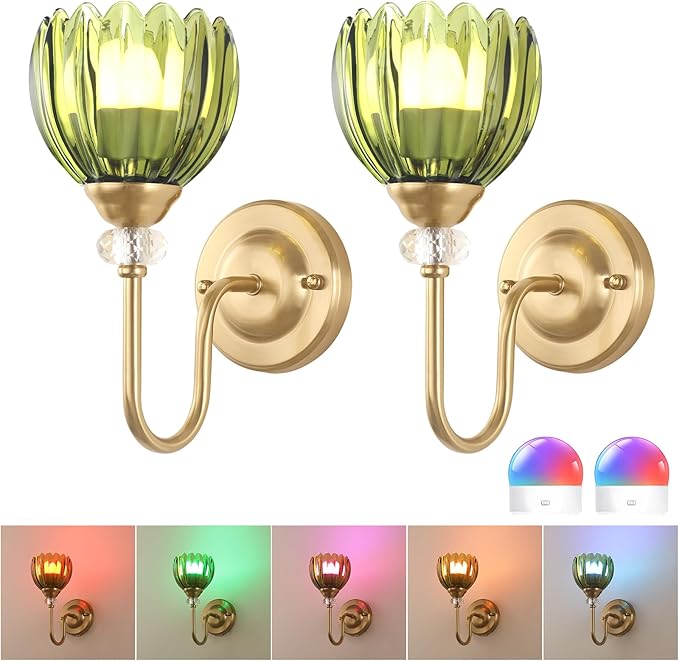 Set of 2 Vintage Battery Operated Wall Sconce, Rechargeable Wall Lamp with 5000mAh Battery & Remote Control, Dimmable Wall Lights with tulip shade for Bedroom Bathroom Living Room, (Tulip Green Up)