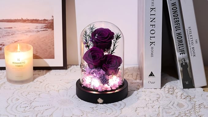 Gifts for Women,Preserved Roses in Glass Dome, Forever Flowers for Delivery Birthday Gifts for Wife Girlfriend Mom on Valentines Day Anniversary Christmas Eternal Rose Purple