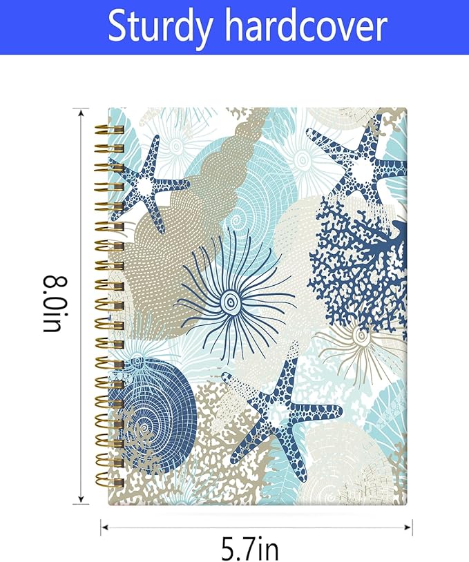 Spiral Journal Notebook,A5 Hardcover Lined Journals for Women 6 x 8.3 in,60 Sheets 120 Pages Thick Paper,Cute College Ruled Writing Notebook for Office Work School(Cute Algae Corals Seashells)