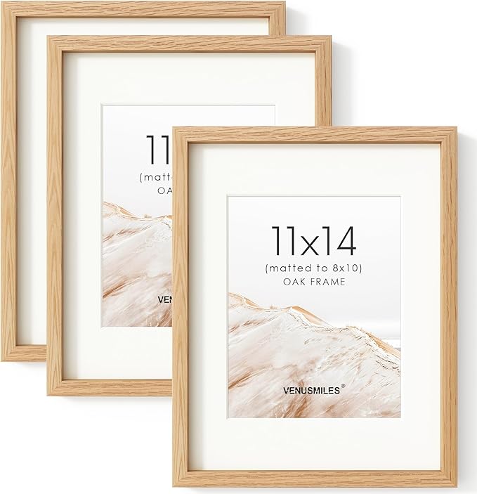 11x14 Picture Frame Set of 3, USA-Sourced Natural Oak Wood Photo Collage Frame with HD Tempered Glass, Modern Simple 11 x 14 Wooden Frame Matted to 8x10, Vertical & Horizontal Wall Hanging Display