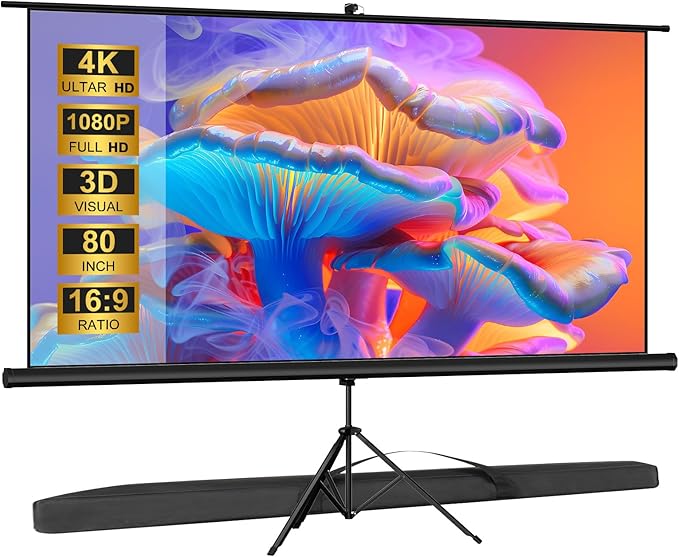 Outdoor Projector Screen with Stand Tripod, Indoor Pull Up Portable Projector Screen, 80 INCH 16:9 Adjustable Projection Screen with Carry Bag for Home Theater Backyard Party Movie Nights