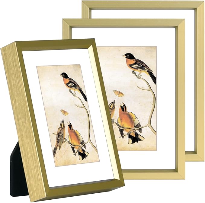 3x4 Picture Frame Set of 3, Brass Aluminum Metal Photo Frames with HD Glass, Fits 2x3 with Mat or 3 x 4 without Mat, Display for Wall and Table