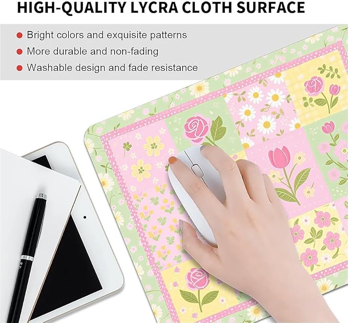 Square Mouse Pad Patchwork Flowers, Personalized Premium-Textured Custom Mouse Mat Design, Washable Mousepad Cloth, Non-Slip Rubber Base Computer Mouse Pads for Wireless Mouse