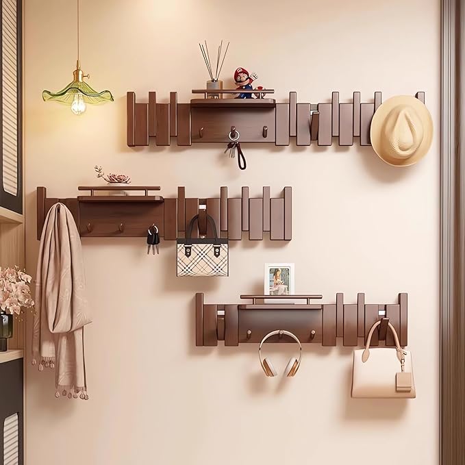 Wall Mounted Coat RackHooks Piano Key Hangers Natural Solid Wood Hanger Non-Woven Fabric Clothes Hangers for Closet, Kitchen, Bedroom, Bathroom, Entryway (Innovate-Beech, 12 Hooks)