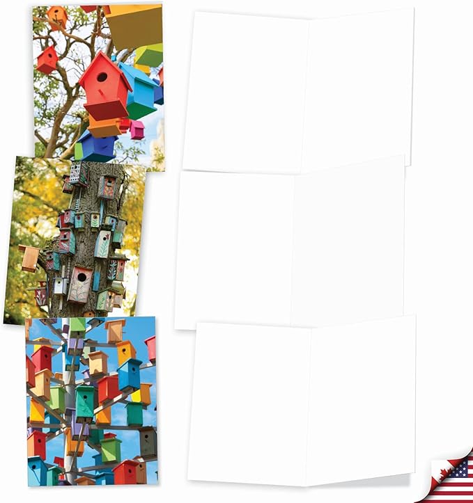 The Best Card Company - 10 Bird Note Cards Blank (4 x 5.12 Inch) - All Occasion Cards with Envelopes, Boxed Set - Birdhouse Beautiful AM6114OCB-B1x10