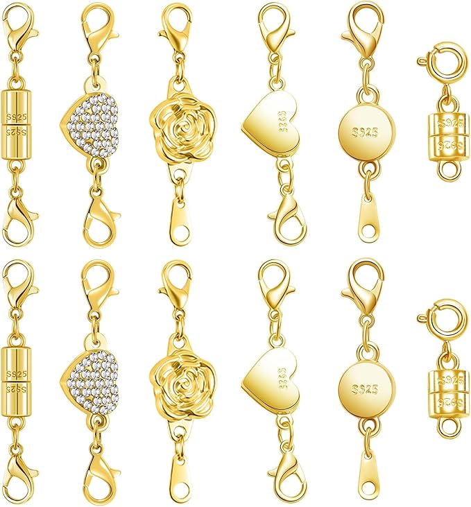 Magnetic Jewelry Clasps Set, Gold and Silver, 12 Pack Rose and Heart Design, Necklace Bracelet Closures with Rhinestone Accents (12pcs Golden)