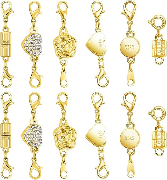 Magnetic Jewelry Clasps Set, Gold and Silver, 12 Pack Rose and Heart Design, Necklace Bracelet Closures with Rhinestone Accents (12pcs Golden)