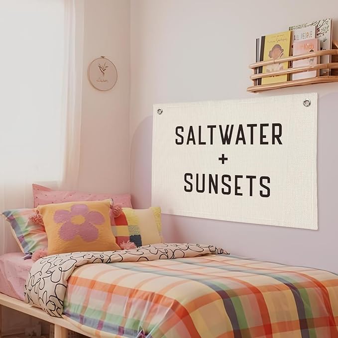 Coastal Beach Wall Decor, Saltwater Sunsets Banner for Kids Playroom, Nursery, Surf Shack | Nautical Vintage Rustic Sign 20x30 Inch
