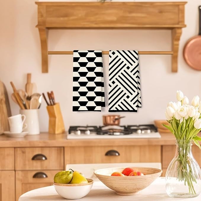 Black and White Kitchen Towels Set of 2, Boho Minimalist Abstract Dish Tea Towels for Kitchen Decor, Retro Mid Century Modern Hand Towels for Bathroom Decor, 16x24 Inches