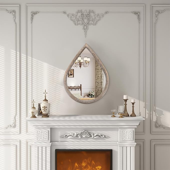 Small Mirror for Wall Solid Wood Bathroom Mirror Farmhouse Teardrop Wall Hanging Mirrors Decorative for Entryway Hallway Living Room Bedroom Retro Brown