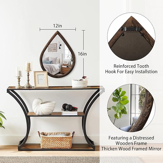 Irregular Wall Mirror with Wood Frame Rustic Wall Mirror Decorative Farmhouse Bedroom Bathroom Droplet Hanging Mirror Brown
