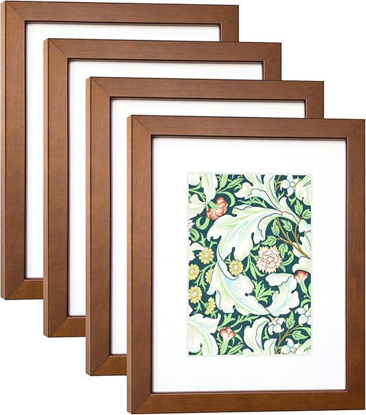 8x10 Picture Frame Set of 4 Made of Solid Wood Photo Frame with Real Glass for Pictures 5x7 with Mat or 8x10 Without Mat, Wall Gallery or Tabletop display Picture Frames, Brown