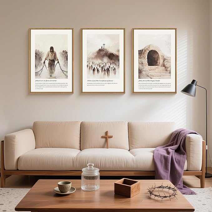KAIRNE Christian Bible Verse Framed Wall Art Set of 3, Vintage Jesus Crucifixion, Empty Tomb Canvas Prints, Religious Decor for Home Church, Prayer Room, Christian Baptism and Easter Gift - 24x36 Inch