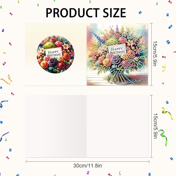 6-Pack Wishes & Blooms Bouquet Diamond Painting Greeting Card Kits, Special Shaped Diamonds Painting, DIY Handcraft for Relatives and Friends with Wishes,Unique Design Crafting for Birthday Cards