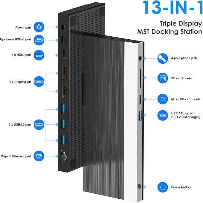 WAVLINK USB C Docking Station,13-in-1 Triple Display Type C Hub Adapter with HDMI,2 DisplayPort,Ethernet,4 USB 3.0,USB-C,SD/TF Card Reader,Phone Jack,DC Jack, PD 100W for Mac Windows and More