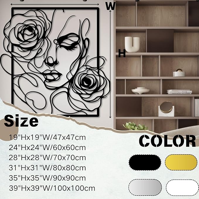 Trpiox Abstract Woman Face Flower Metal Wall Art, Minimalist Woman Flower Metal Wall Decor, Women Face Wall Decor for Living Room, Bedroom, Office(Black,19" Hx19 W/47x47cm)