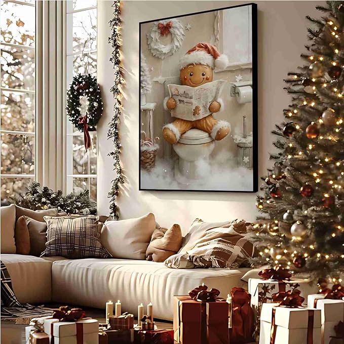 Christmas Bathroom Canvas Painting Gingerbread Man Holiday Print Santa Hat Cookie Character Wall Art Vintage Rural Art Winter print Indoor Decor for Bathroom Living Room Funny Framed Ready to Hang
