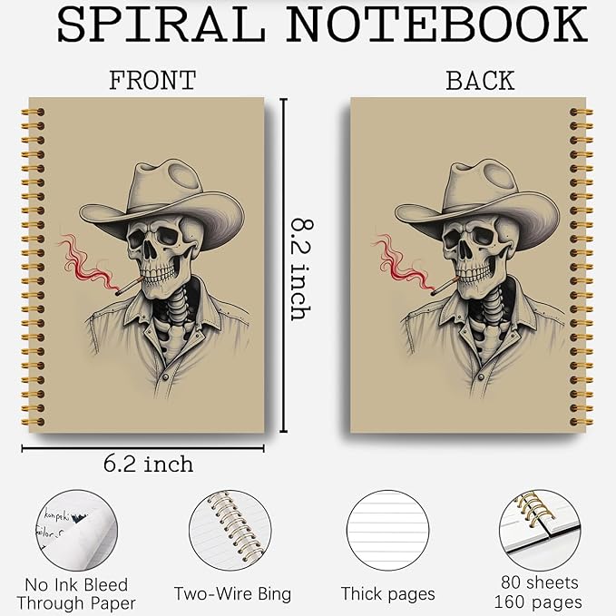 Vintage Skeleton Cowboy Western Notebook, Funny Gothic Skeleton Journal, Vintage Goth Journal, Gothic Office Supplies, Western Cowboy Skull Hardcover Spiral Notebooks 5.5x8.3 Inch