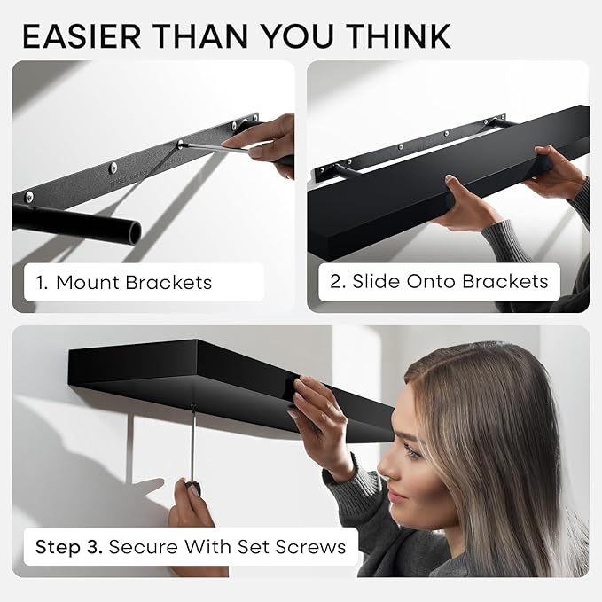 Homeforia Black Floating Shelves 30 inches Long, High End Solid Real Wood 30 inch Floating Shelf for Wall Mounted, Black Wooden 30in Floating Shelves, Heavy Duty Bracket, 30 X 6.5 X 1.75 in, Set of 2