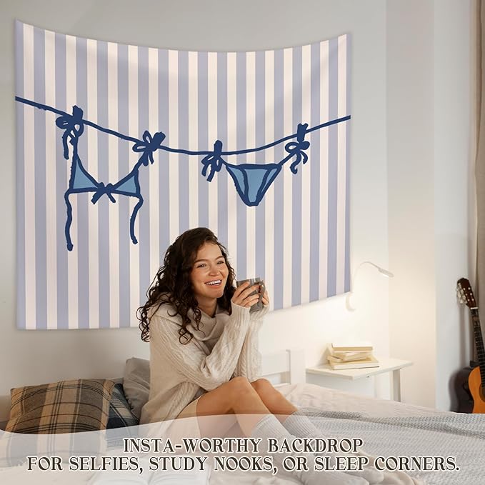 STHTTSW Blue Coastal Bikini Tapestry, Preppy Beachy Tapestries Wall Blanket, Aesthetic Coastal Cowgirl Wall Hanging Decor for Teen Girl Women College Dorm Apartment Bedroom, 50x60 Inch
