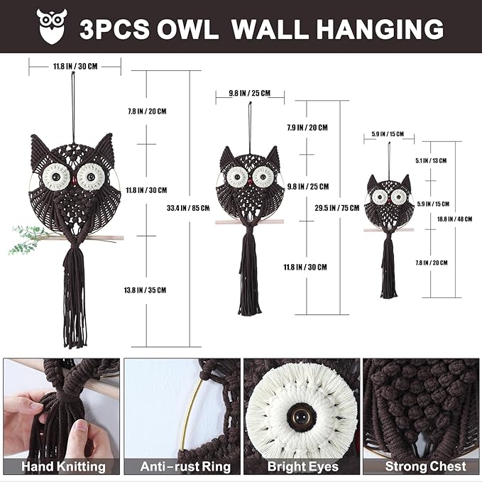 MVSUTA Owl Chocolate Cotton Handmade Macrame Wall Hanging Tapestry Home Decor Art and Craft Wonderful Decoration Woven Boho Ornament for Office Bedroom Apartment Living Nursery Gallery,3pcs set:1pc L