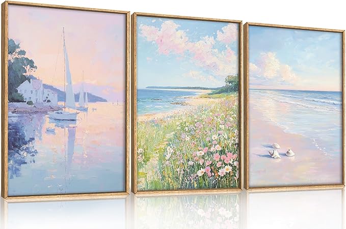 Pink Pastel Coastal Colorful Wildflower Framed Canvas Wall Art Set,Watercolor Preppy Floral & Sailboat Seascape Decor,Dreamy Textured Beach Artwork for Living Room,Bedroom,Farmhouse- 24"x36"x3