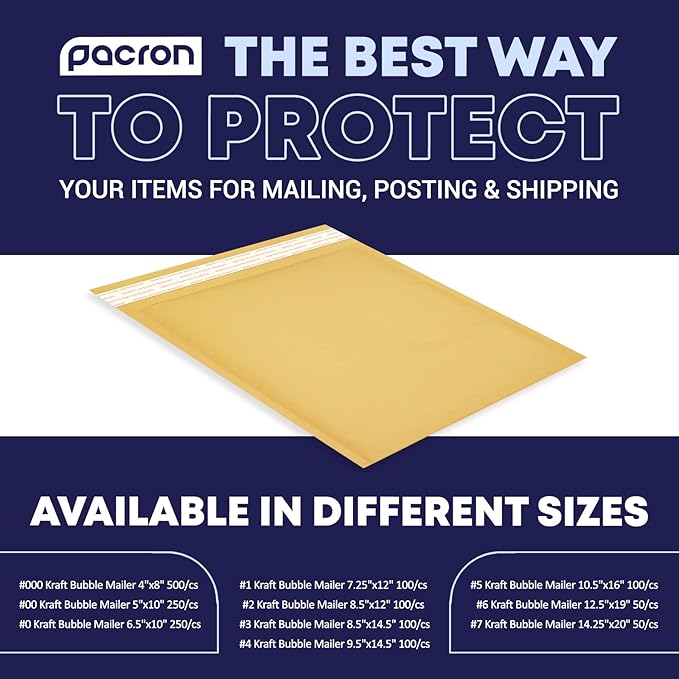 Kraft Bubble Mailers 50 Pack, 12.5 x 19 Inch Padded Shipping Envelopes, Yellow Mailing Envelopes for Documents & Packages, Durable & Lightweight, Made in USA
